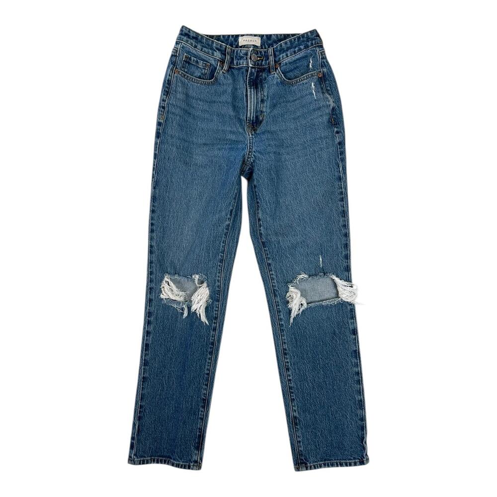 PacSun Curve Straight High Rise Jeans Womens 25 Medium Blue Distressed Denim